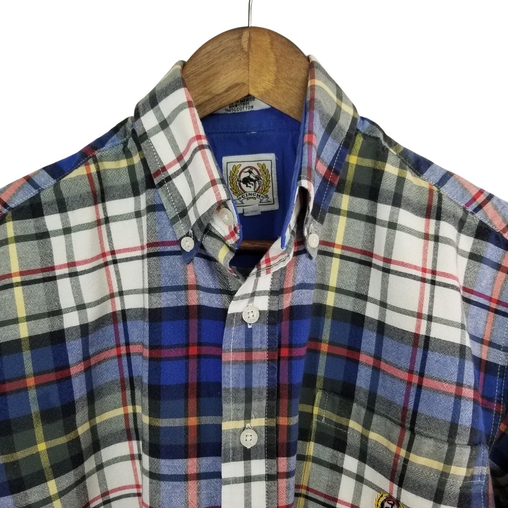 Vintage Cinch Mens Small Miller Style Plaid Button Down Shirt Blue Red Cowboy